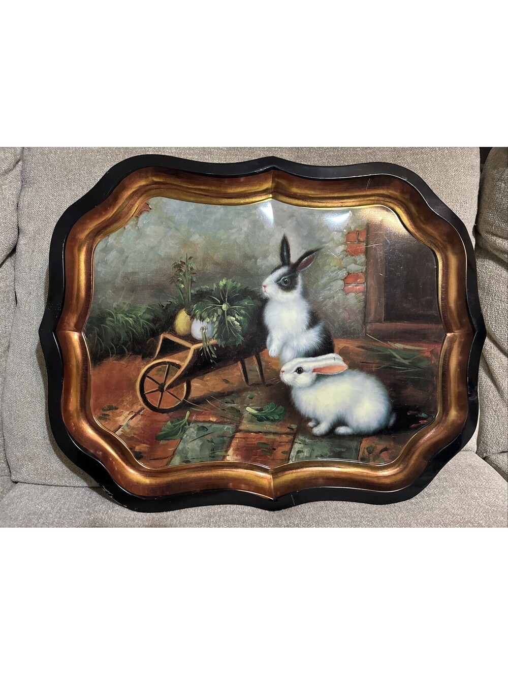 Vintage Tole Tray With Rabbits Garden Science Black With Gold Trim Large 22x18in